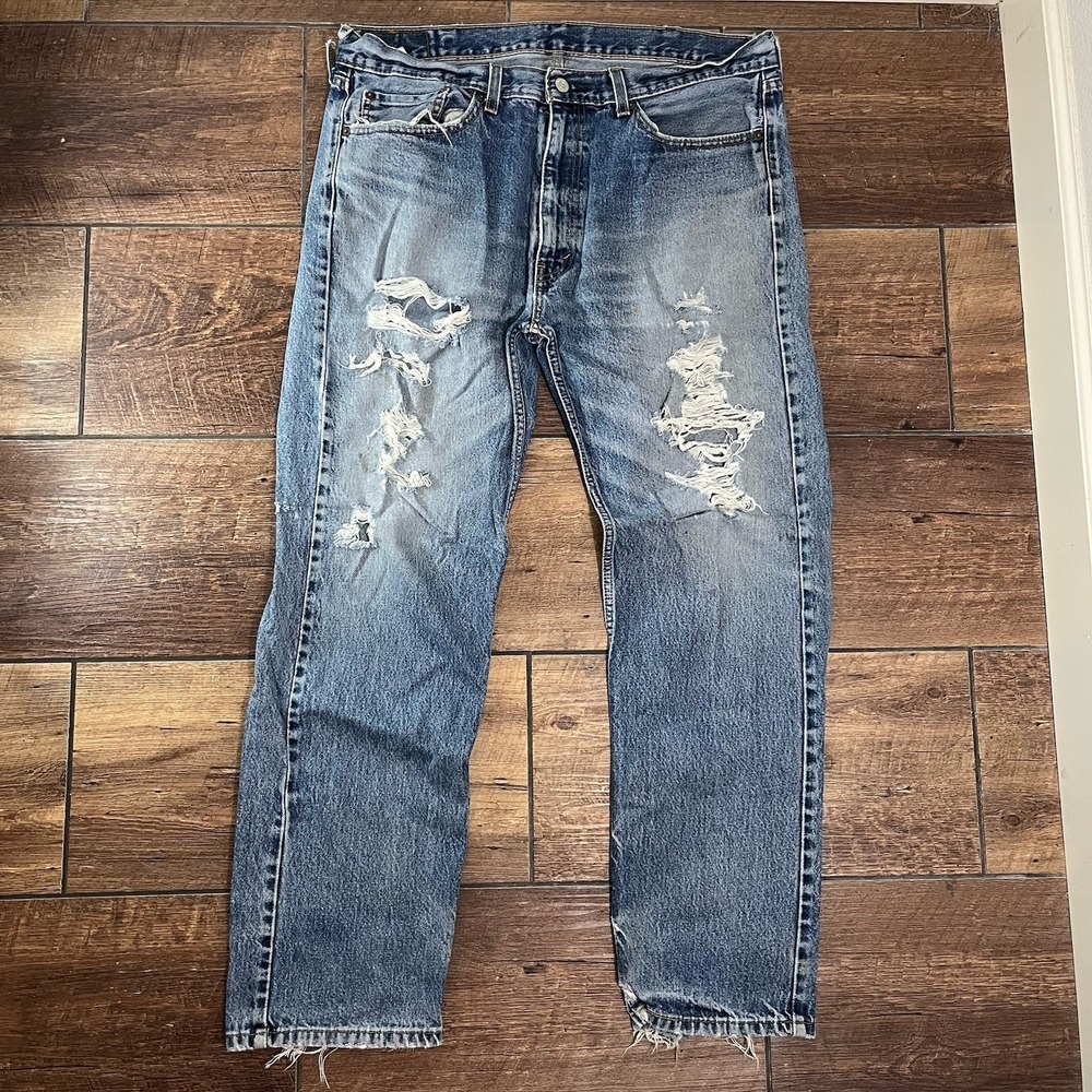 Levis 501 Jeans Mens 38x32 Blue Zipper Fly Pant Heavy Distress Workwear Vtg 90s